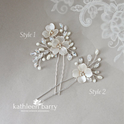 Cecile floral hair pins sold as a pair or individually, rhinestone crystal & pearl  - Color options to order
