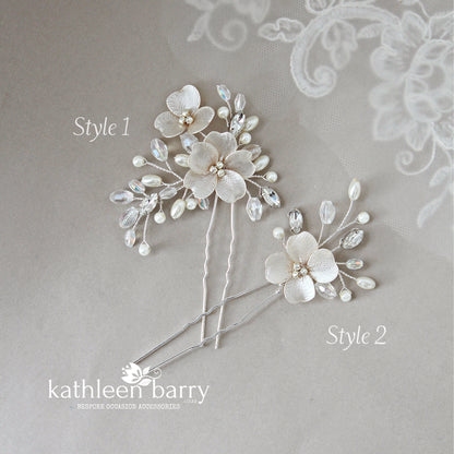 Cecile floral hair pins sold as a pair or individually, rhinestone crystal & pearl  - Ass Color options to order