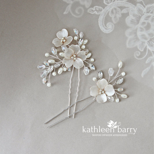 Cecile floral hair pins sold as a pair or individually, rhinestone crystal & pearl  - Color options to order