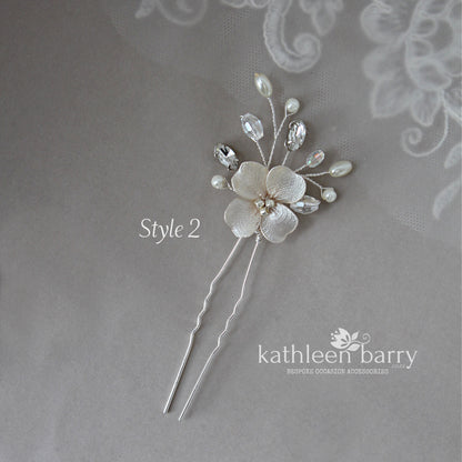 Cecile floral hair pins sold as a pair or individually, rhinestone crystal & pearl  - Ass Color options to order