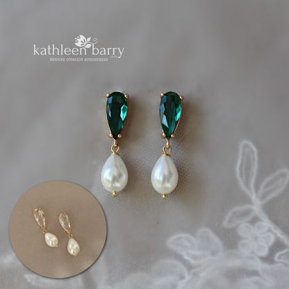 Emerald green OR clear cut glass pearl drop earrings - only available in gold limited edition