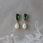 Emerald green cut glass pearl drop earrings - only available in gold limited edition