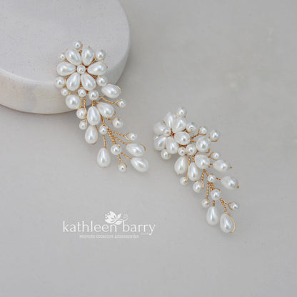 Cherize pearl stud cascade chandelier wedding earrings - silver gold or rose gold options