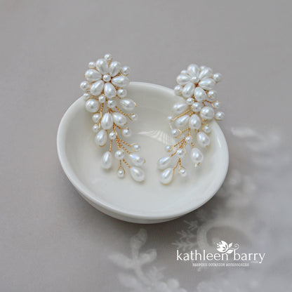 Cherize pearl stud cascade chandelier wedding earrings - silver gold or rose gold options