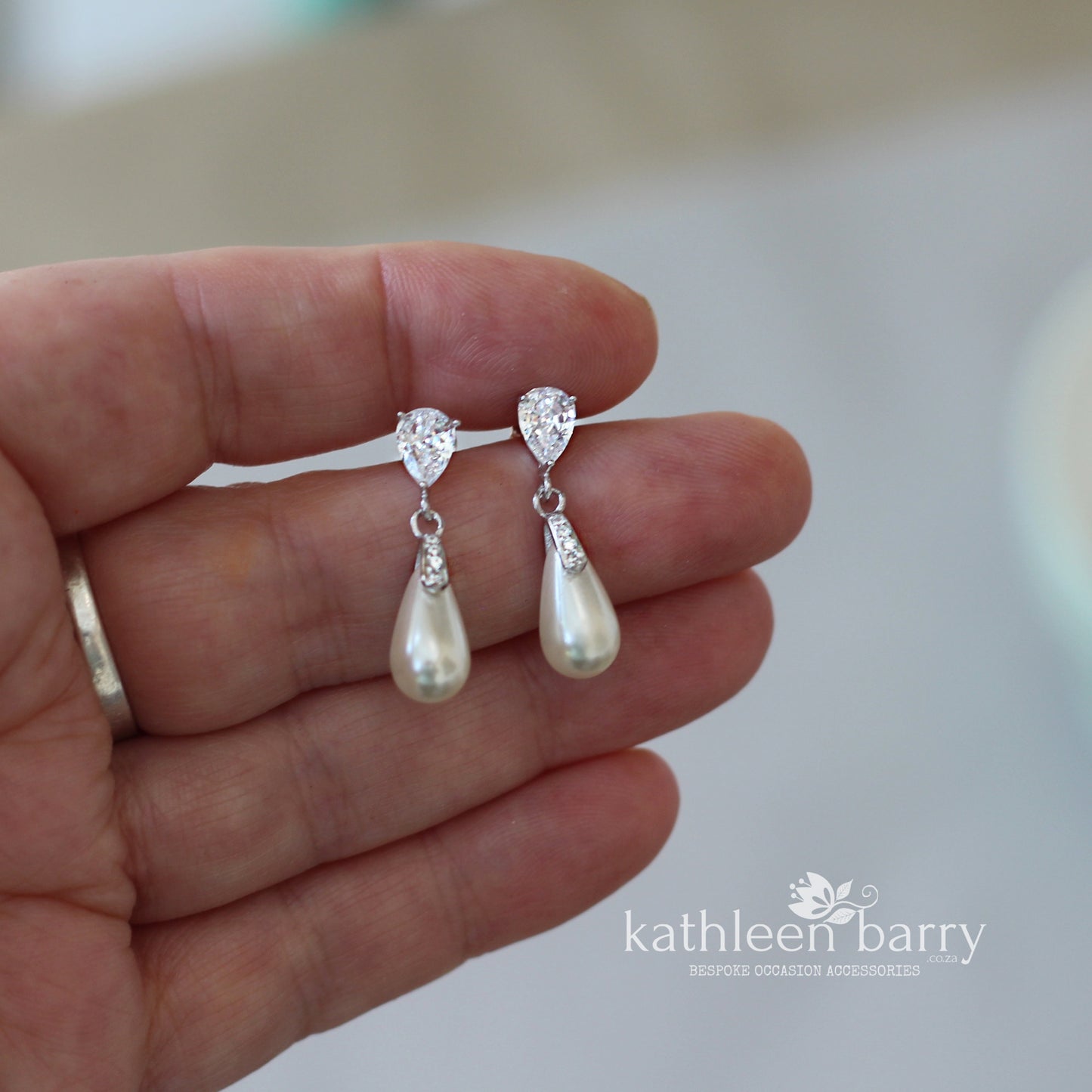 Lilith Cubic zirconia bail teardrop silver earrings - Ivory, cream or blush pink pearls (Limited stock)