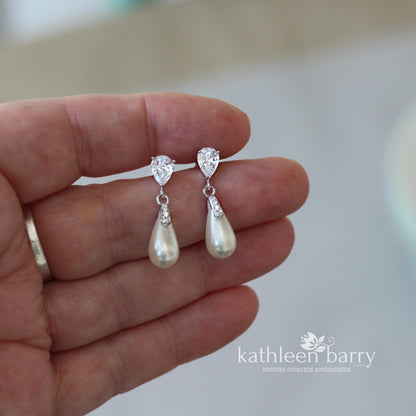 Lilith Cubic zirconia bail pear cut silver earrings - Ivory, cream or blush pink pearls (Limited stock)