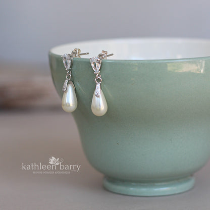 Lilith Cubic zirconia bail pear cut silver earrings - Ivory, cream or blush pink pearls (Limited stock)
