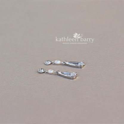 Dainty Art Deco inspired Pearl and Cubic Zirconia Drop Earrings – Silver Finish