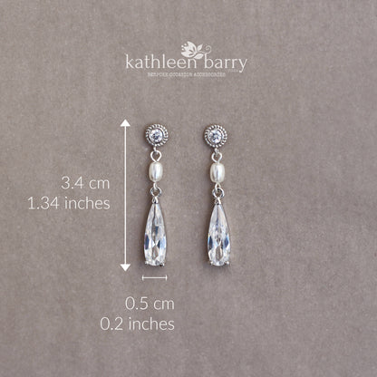 Dainty Art Deco inspired Pearl and Cubic Zirconia Drop Earrings – Silver Finish