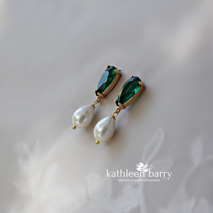 Emerald green OR clear cut glass pearl drop earrings - only available in gold limited edition