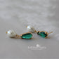 Emerald green cut glass pearl drop earrings - only available in gold limited edition