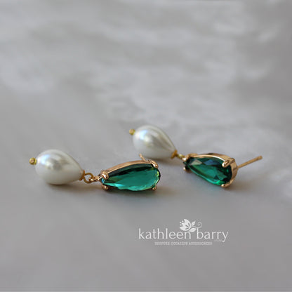 Emerald green OR clear cut glass pearl drop earrings - only available in gold limited edition