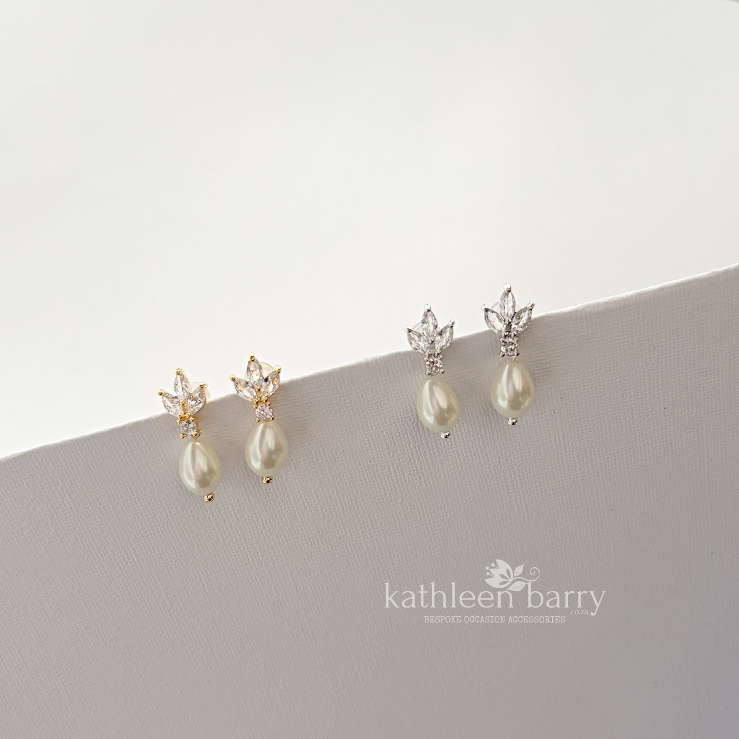 Fleur Dainty Cubic Zirconia and Pearl Drop Earrings - Gold or silver plated