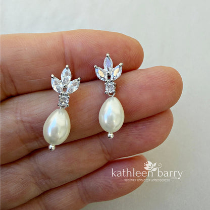 Fleur Dainty Cubic Zirconia and Pearl Drop Earrings - Gold or silver plated