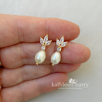 Fleur Dainty Cubic Zirconia and Pearl Drop Earrings - Gold or silver plated