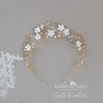 Delicate Tiara style wedding crown flowers transparent leaves and pearls  - Custom colors available - STYLE Lisinka