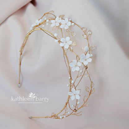 Delicate Tiara style wedding crown flowers transparent leaves and pearls  - Custom colors available - STYLE Lisinka