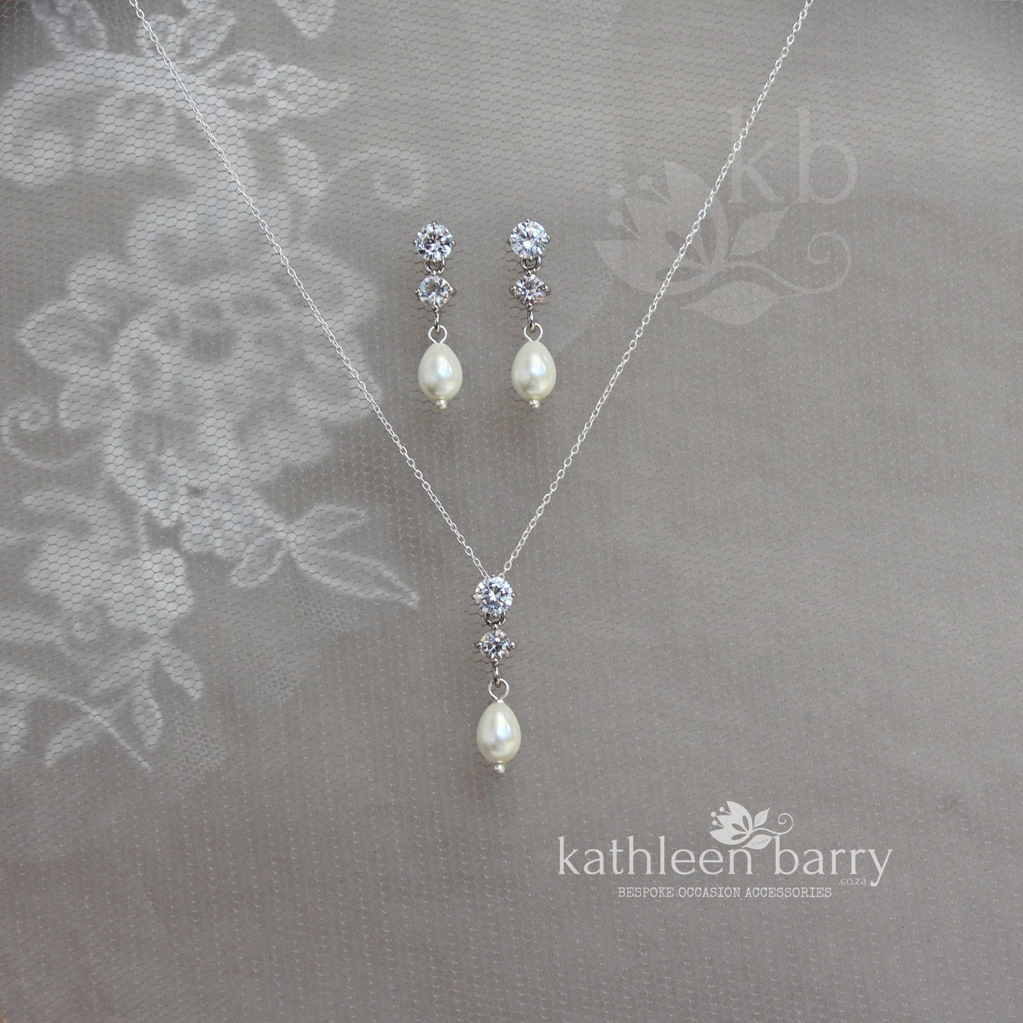 Hazel double Cubic Zirconia studs & pearl drop earrings and or necklace - Sterling silver + Nickel free