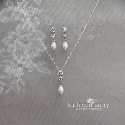 Hazel double Cubic Zirconia studs & pearl drop earrings and or necklace - Sterling silver + Nickel free