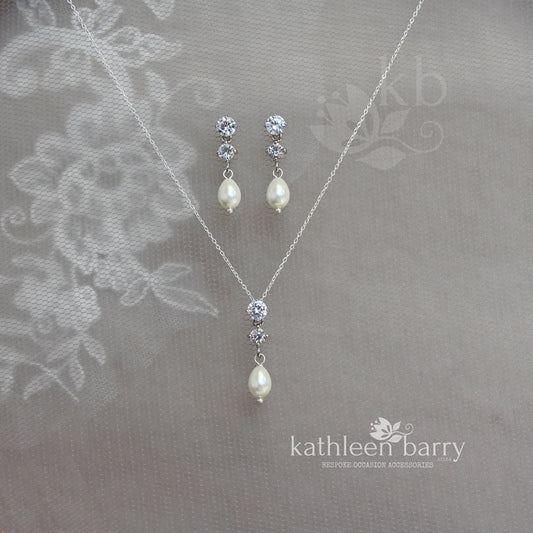 Hazel double Cubic Zirconia studs & pearl drop earrings and or necklace - Sterling silver + Nickel free