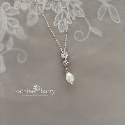 Hazel double Cubic Zirconia studs & pearl drop earrings and or necklace - Sterling silver + Nickel free