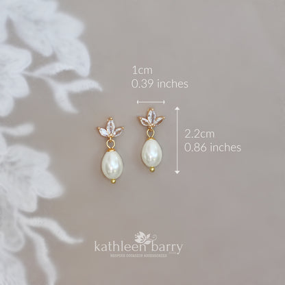 Petite pearl drop earrings with gold plated cubic zirconia stud detail - Nickel free only available in gold and ivory
