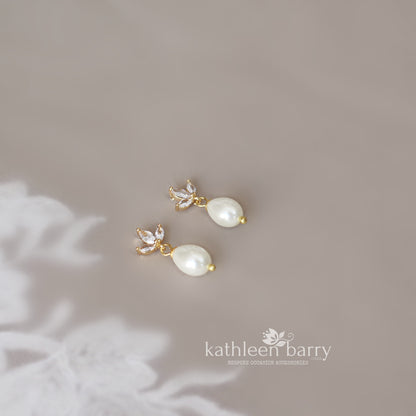 Petite pearl drop earrings with gold plated cubic zirconia stud detail - Nickel free only available in gold and ivory