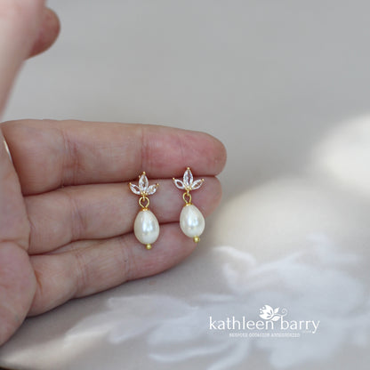 Petite pearl drop earrings with gold plated cubic zirconia stud detail - Nickel free only available in gold and ivory