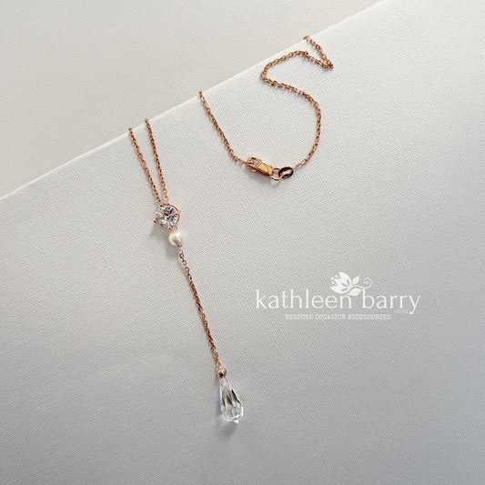 Rose gold or silver Dainty CZ Y Necklace, Bridal Drop Necklace, Pearl Wedding neck chain