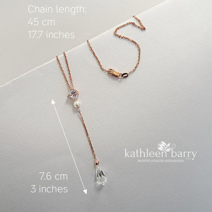 Rose gold or silver Dainty CZ Y Necklace, Bridal Drop Necklace, Pearl Wedding neck chain