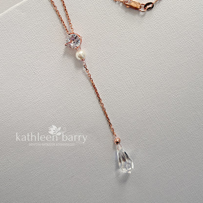 Rose gold or silver Dainty CZ Y Necklace, Bridal Drop Necklace, Pearl Wedding neck chain