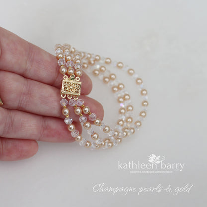 Lauren three strand bracelet - crystal and pearl, assorted pearl colors - available in silver or gold