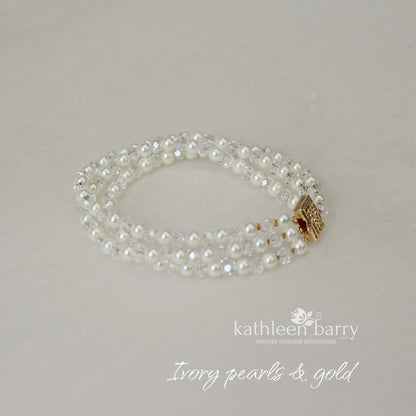 Lauren three strand bracelet - crystal and pearl, assorted pearl colors - available in silver or gold