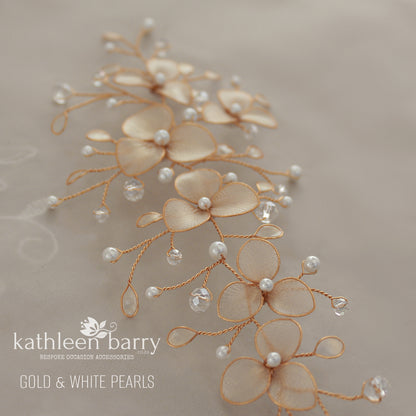 Madelene floral wedding hairpiece, semi opaque flower and leaf detailing, with crystals and seed pearls - Assorted colors available : Gold, silver and rose gold