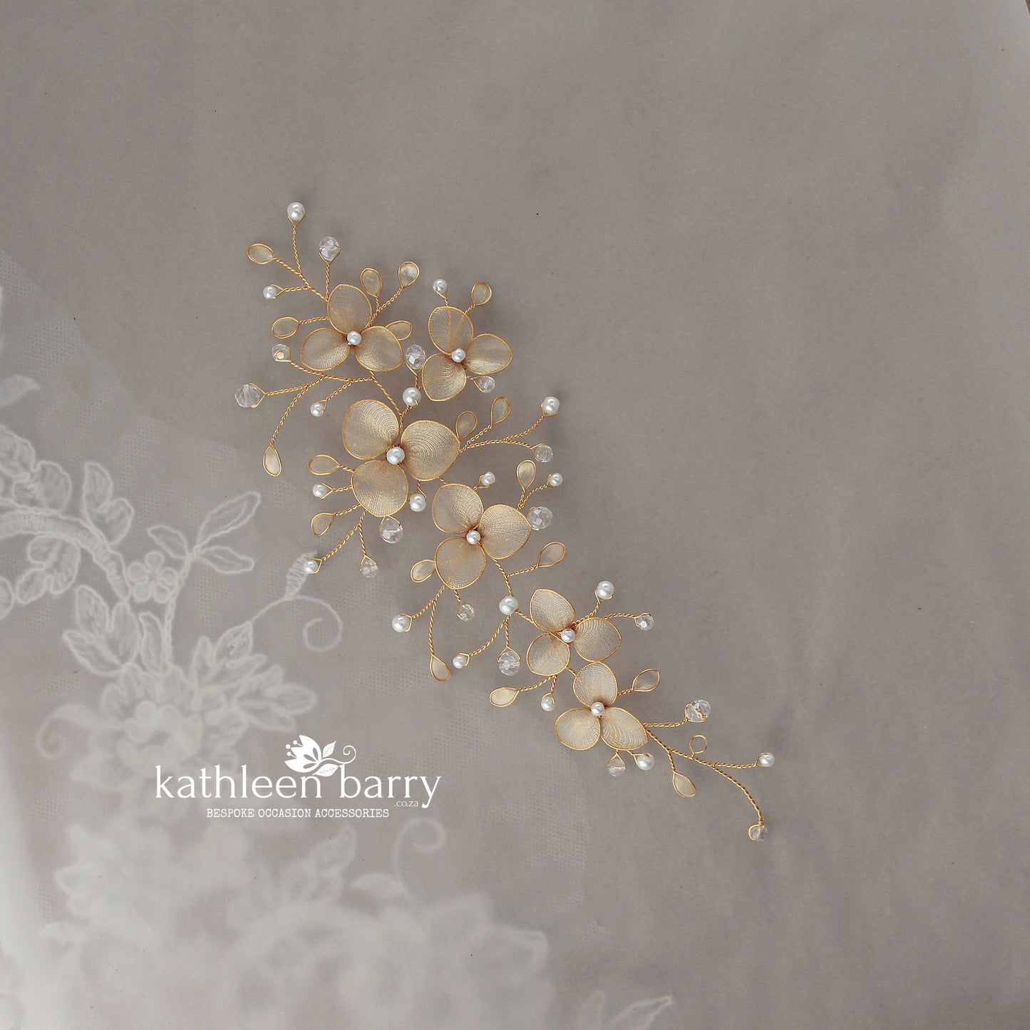 Madelene floral wedding hairpiece, semi opaque flower and leaf detailing, with crystals and seed pearls - Assorted colors available : Gold, silver and rose gold
