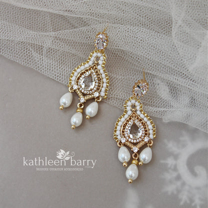 Michaela gold and white pearl drop chandelier earrings with cubic Zirconia - only available in gold finish