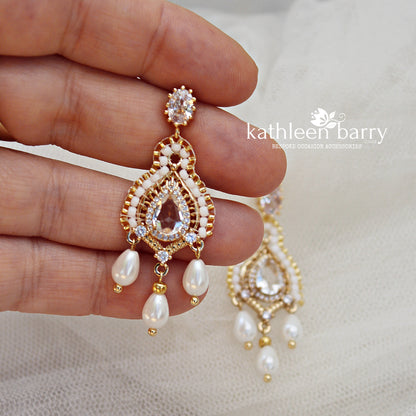 Michaela gold and white pearl drop chandelier earrings with cubic Zirconia - only available in gold finish