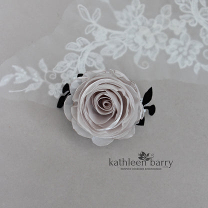 Modern rose wrist corsage - organza rose with velvet leaf detail