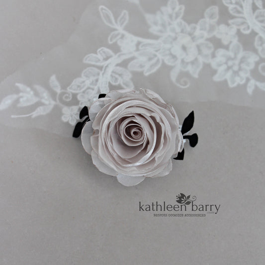 Modern rose wrist corsage - organza rose with velvet leaf detail