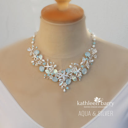 Beach theme statement wedding necklace starfish and shells bridal jewelry - Rose gold, gold or silver