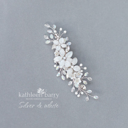 Delicate Floral Spray Wedding Hair Clip – Silver, Gold, or Rose Gold Finish STYLE: Liora