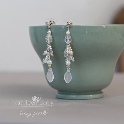 Alexa frosted glass leaf drop earrings crystal and pearl detailing silver, gold or rose gold pearl color options