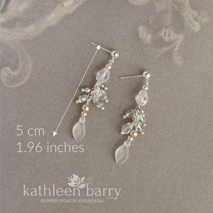 Alexa frosted glass leaf drop earrings crystal and pearl detailing silver, gold or rose gold pearl color options