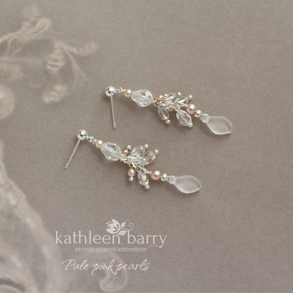 Alexa frosted glass leaf drop earrings crystal and pearl detailing silver, gold or rose gold pearl color options