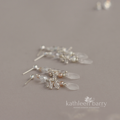 Alexa frosted glass leaf drop earrings crystal and pearl detailing silver, gold or rose gold pearl color options