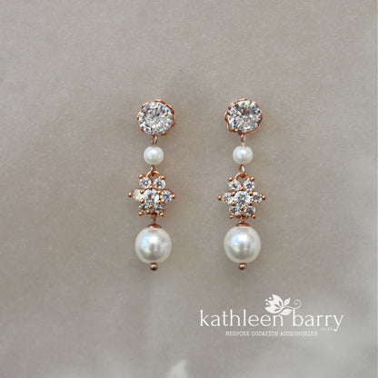 Nina Earrings- Cubic Zirconia & pearl - Available in Silver, gold or rose gold finish