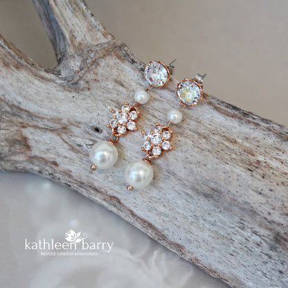 Nina Earrings- Cubic Zirconia & pearl - Available in Silver, gold or rose gold finish