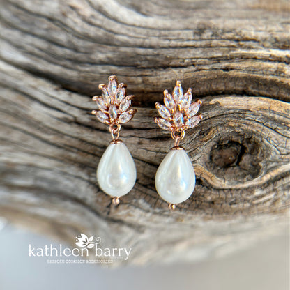 Rose gold or silver leaf detail cubic zirconia stud pearl drop earrings - Ivory or cream pearls (Limited stock)