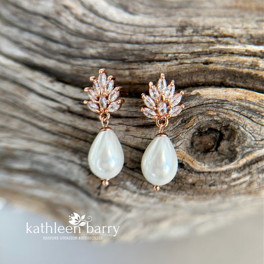 Rose gold leaf detail cubic zirconia stud pearl drop earrings - Ivory or cream pearls (Limited stock)
