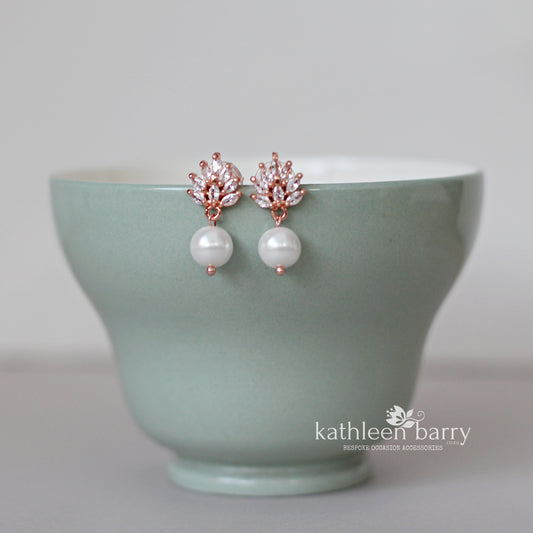 Cubic Zirconia Leaf Wedding Earrings with pearl drop – Rose Gold Finish only STYLE: Abby